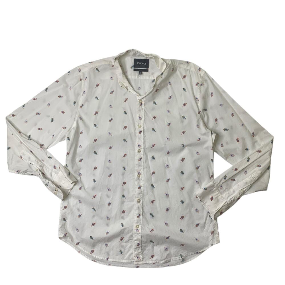 Bonobos Shirt Mens L Large White Slim Fit Cotton Embroidered Long Sleeve Casual